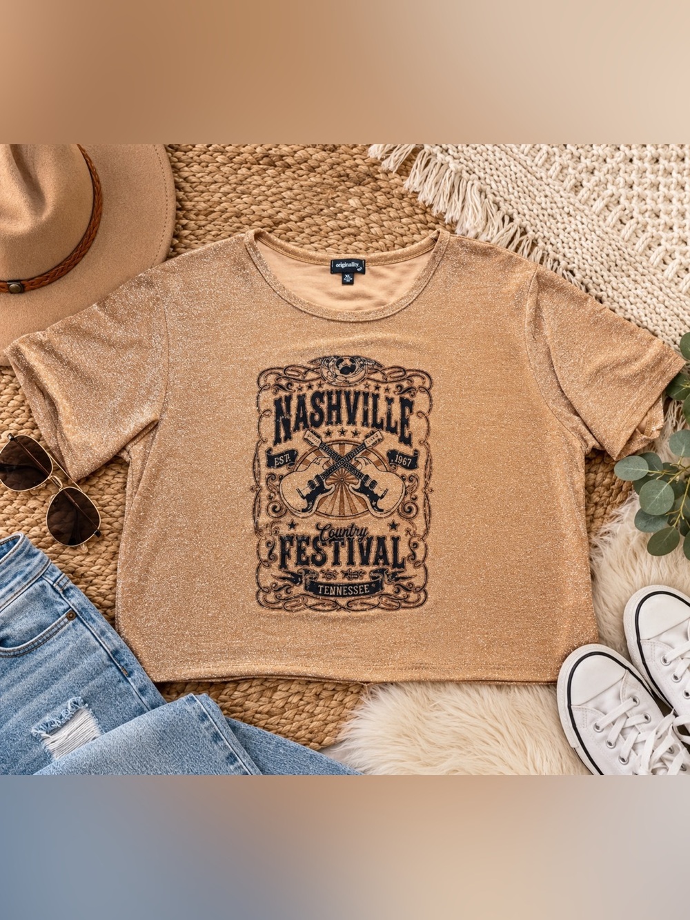 Originality Nashville Country Festival Metallic Gold Graphic Crop Tee XL
